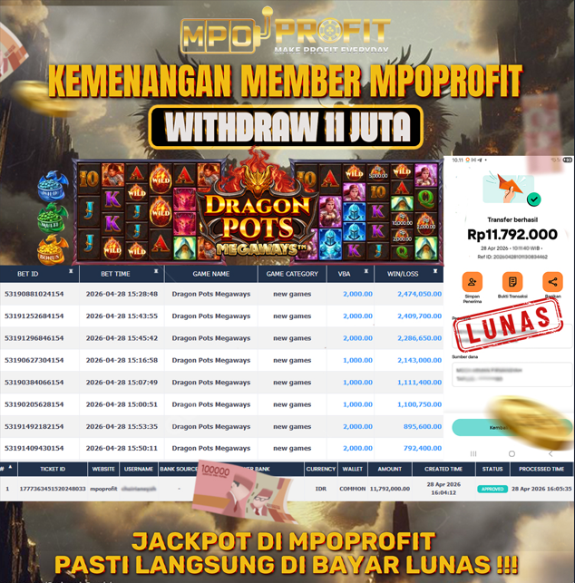 MPOPROFIT JACKPOT SLOT PRAGMATIC PLAY! KEMENANGAN MURNI DI (DRAGON POTS MEGAWAYS TOTAL Rp 11.792.000,- LUNAS)